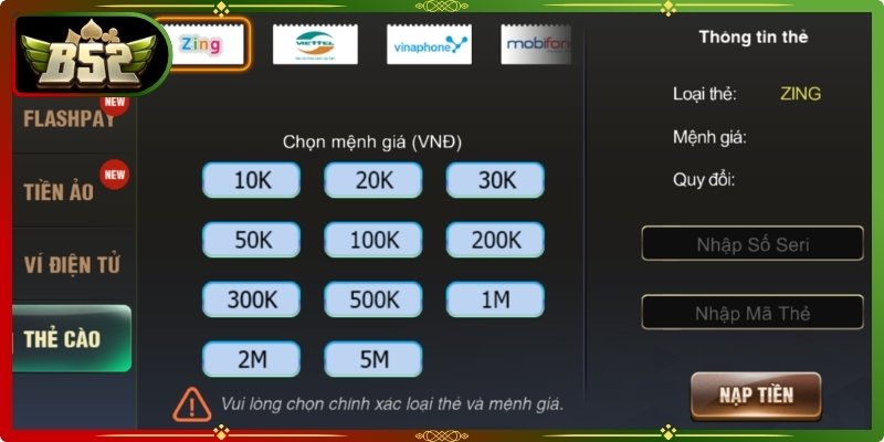 Nạp đơn giản qua thẻ cào